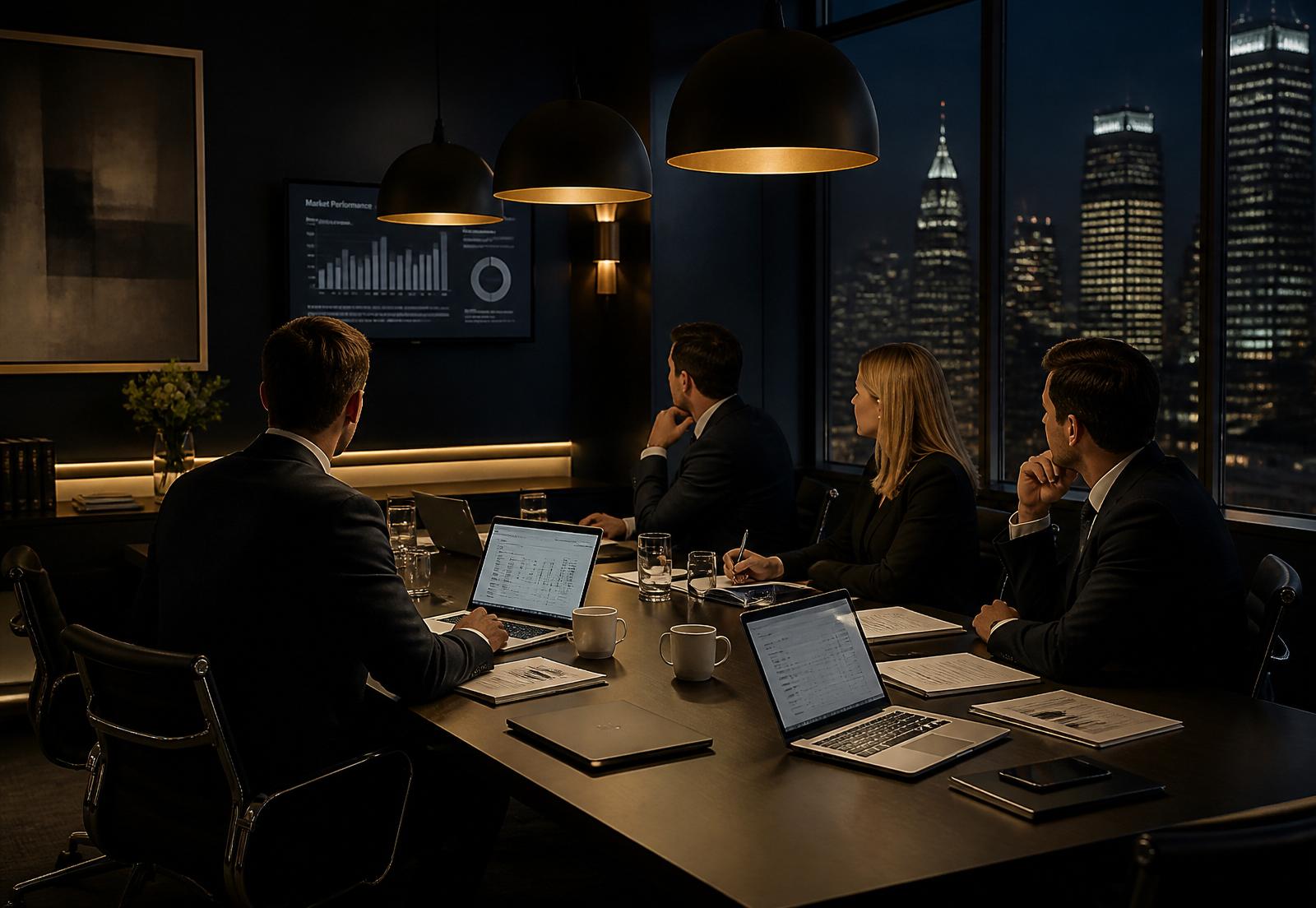 A team of business advisers reviewing corporate documents in a modern London boardroom