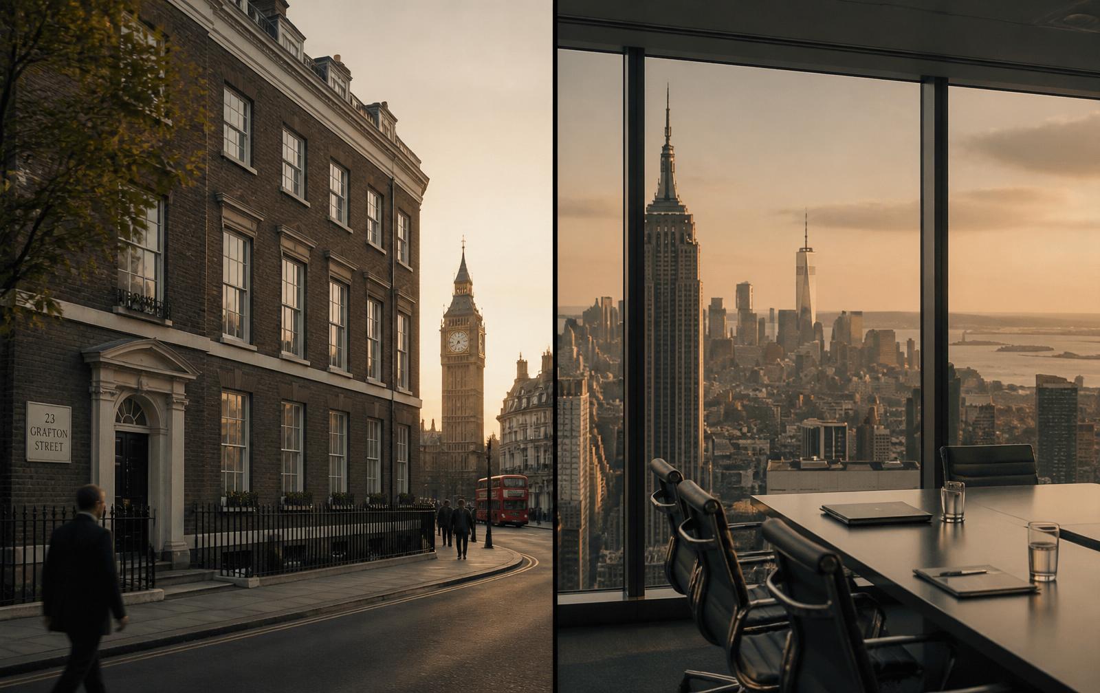 A London street at dusk beside a New York skyline seen through a modern boardroom window