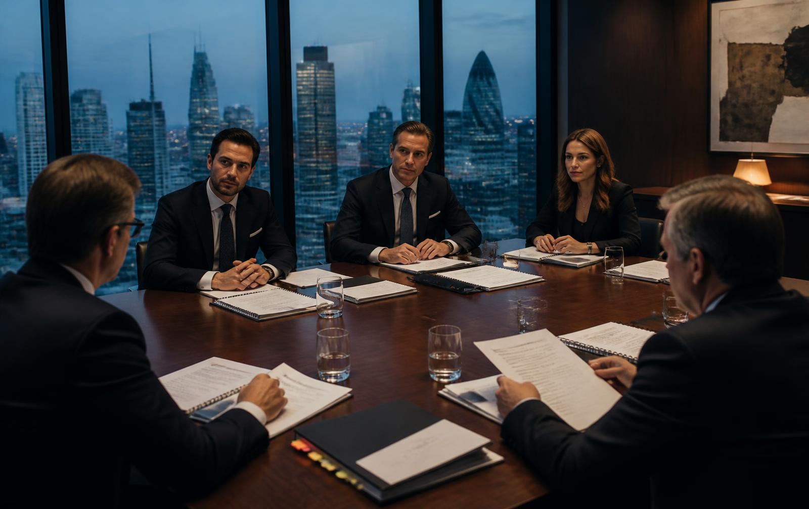 Founders and investors reviewing due diligence documentation around a table in a London boardroom