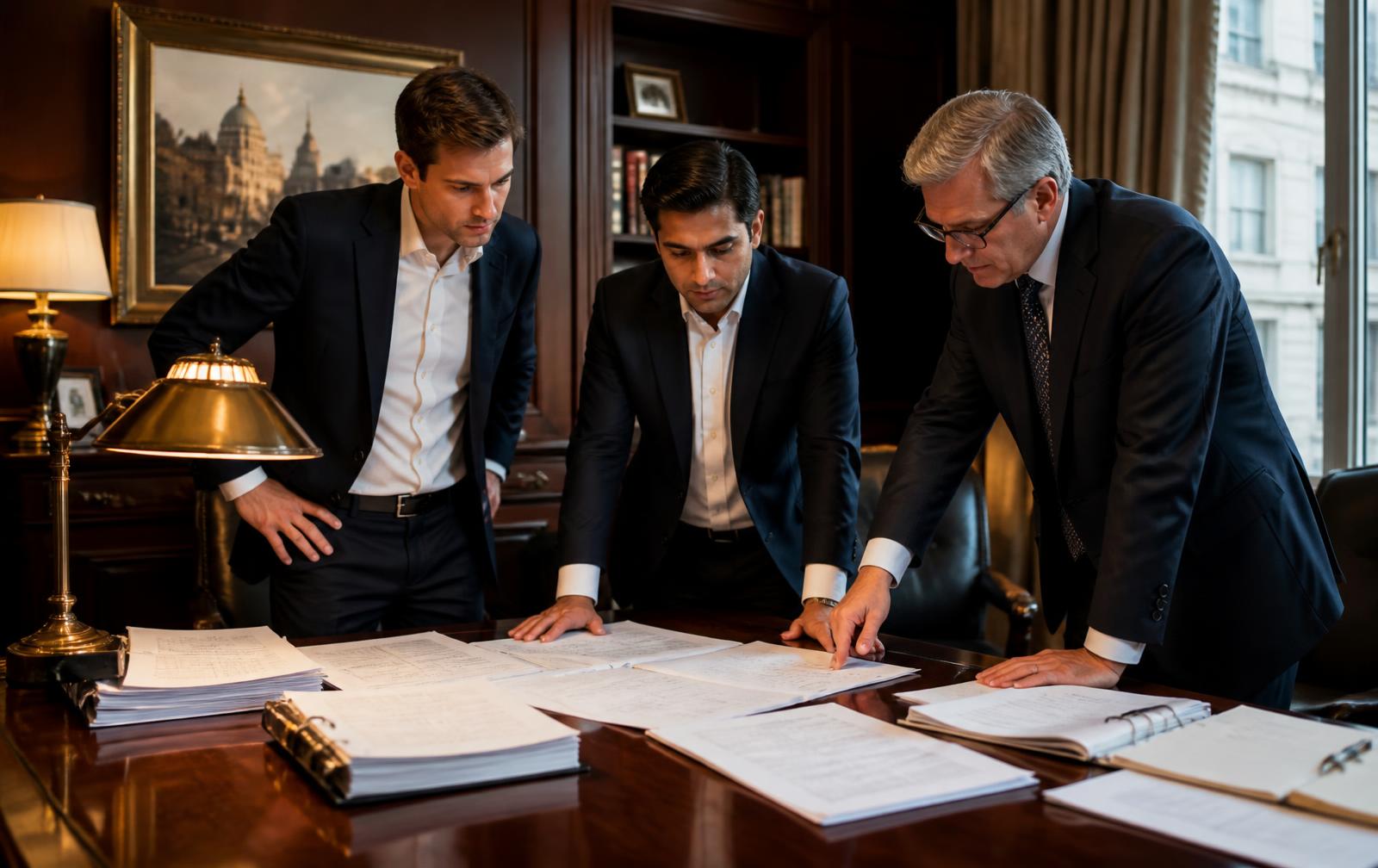 Two company founders reviewing intellectual property documentation together in a London executive office