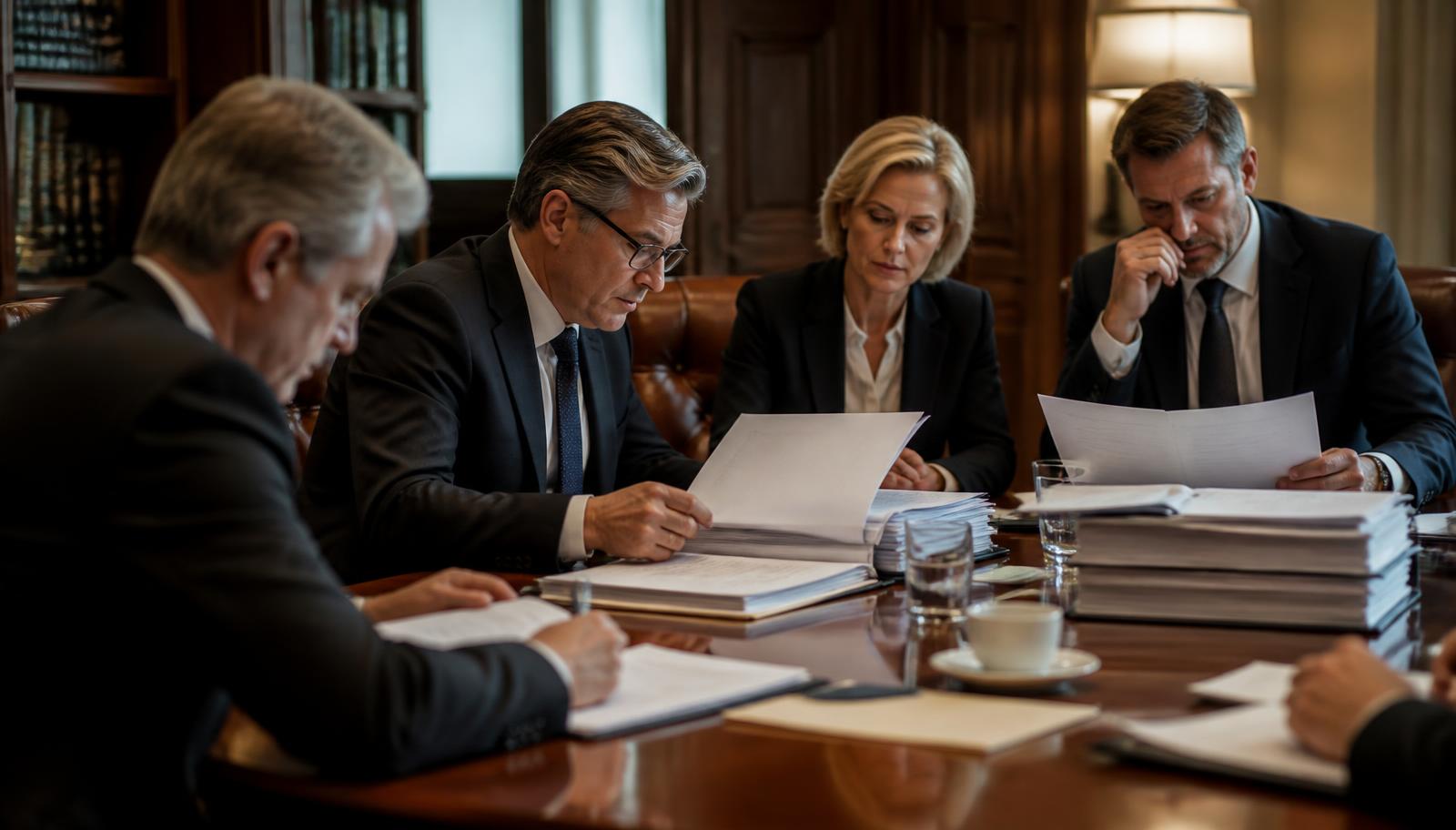 Senior advisers reviewing compliance files, banking assessment reports and KYC documentation around a London boardroom table