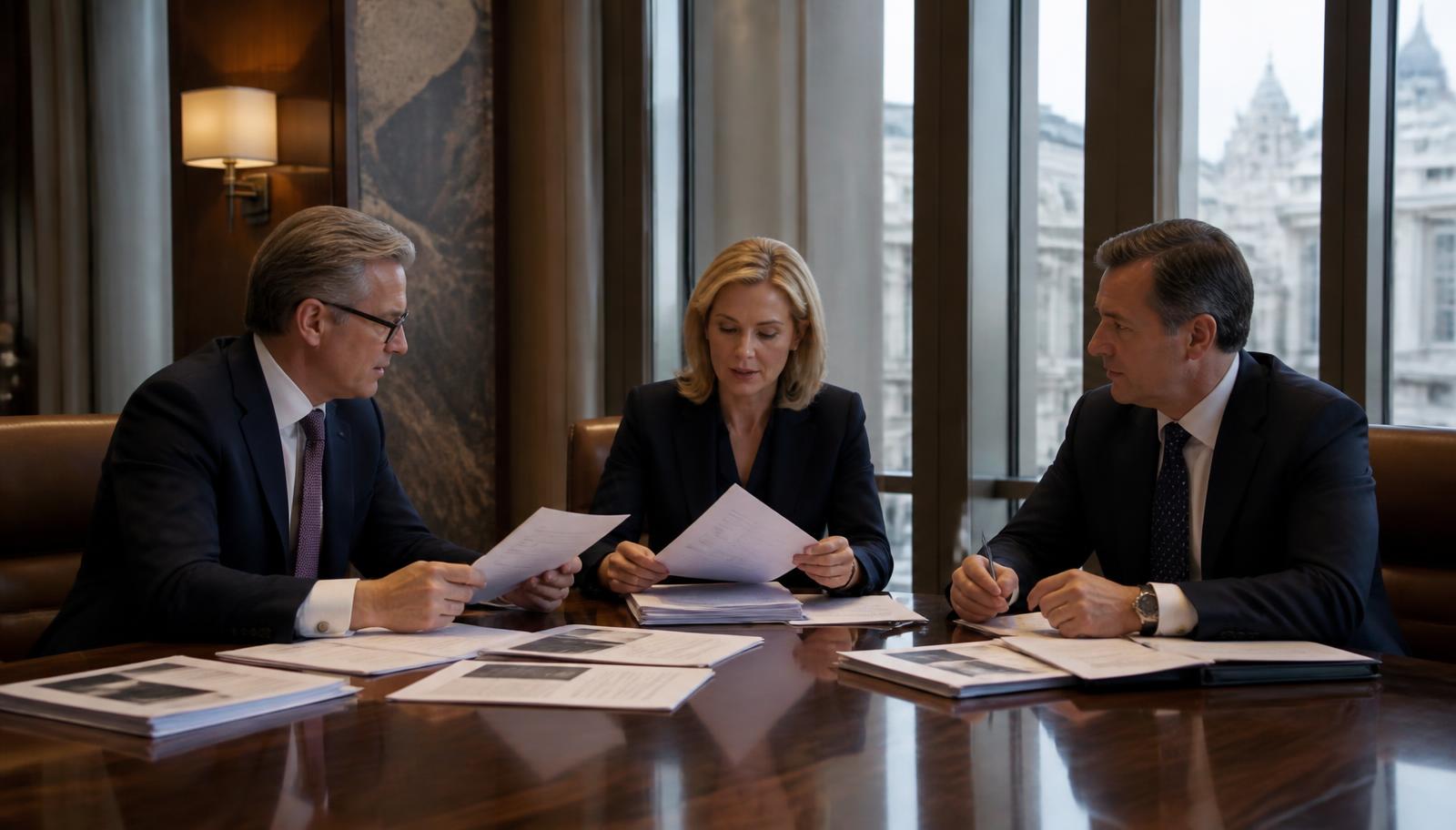 Executives reviewing banking assessments and compliance reports in a London boardroom