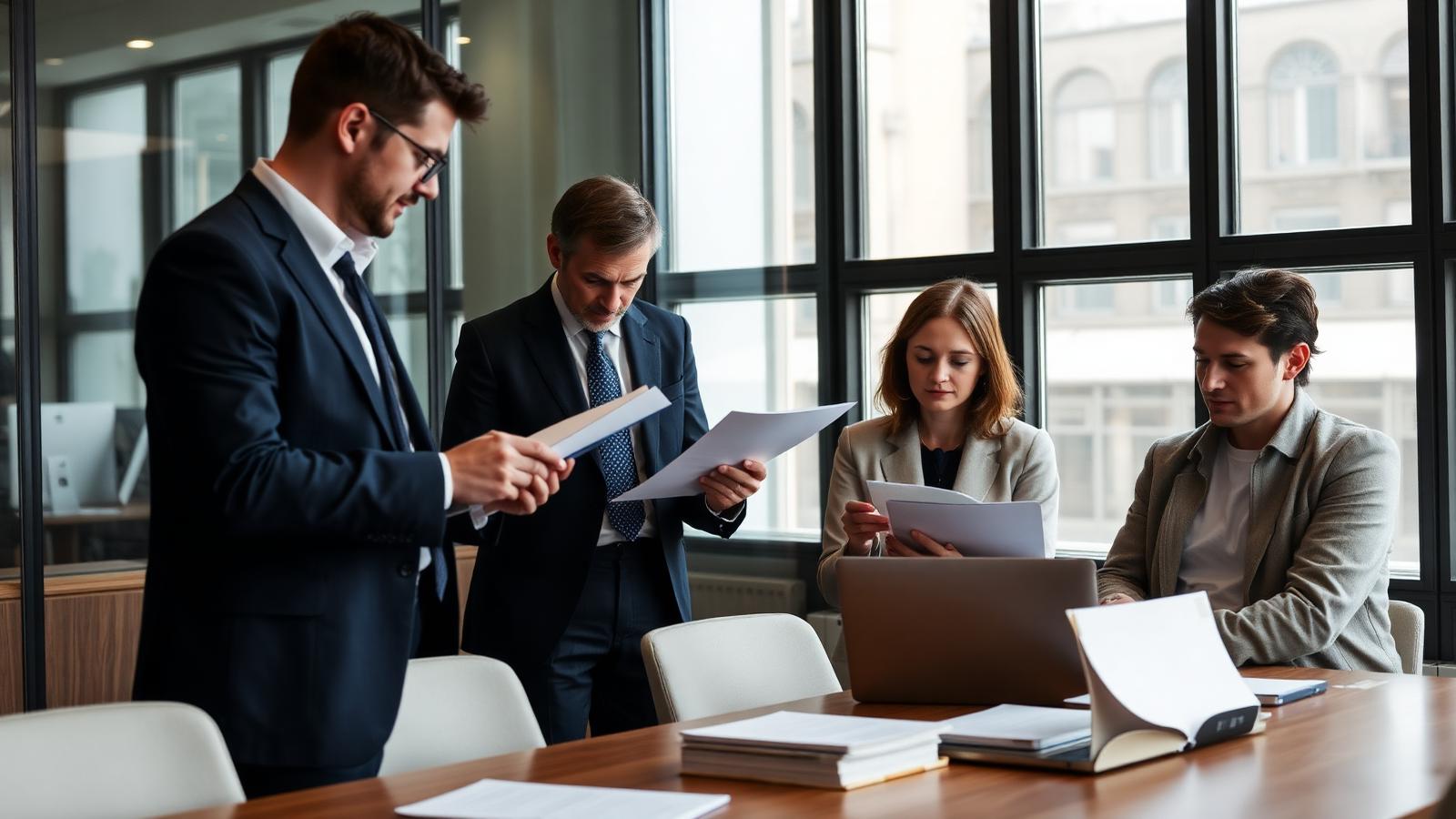 A due diligence review team examining corporate documents around a conference table