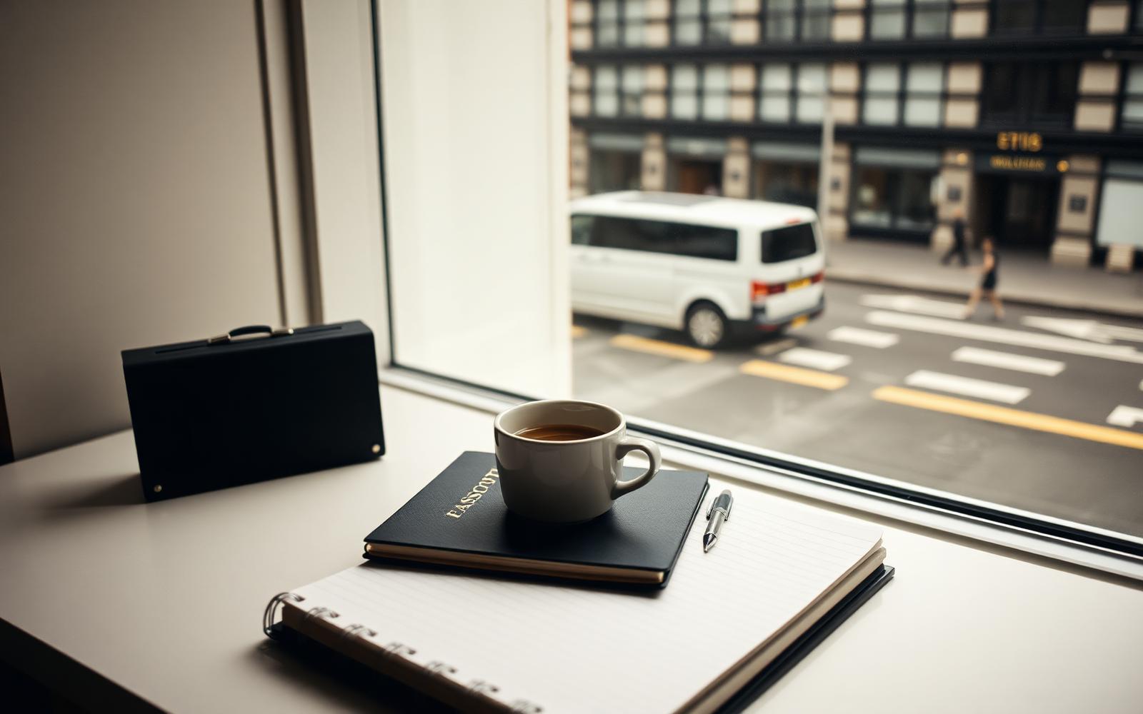 A European founder reviewing UK company structuring documents alongside a laptop and coffee in a modern office setting