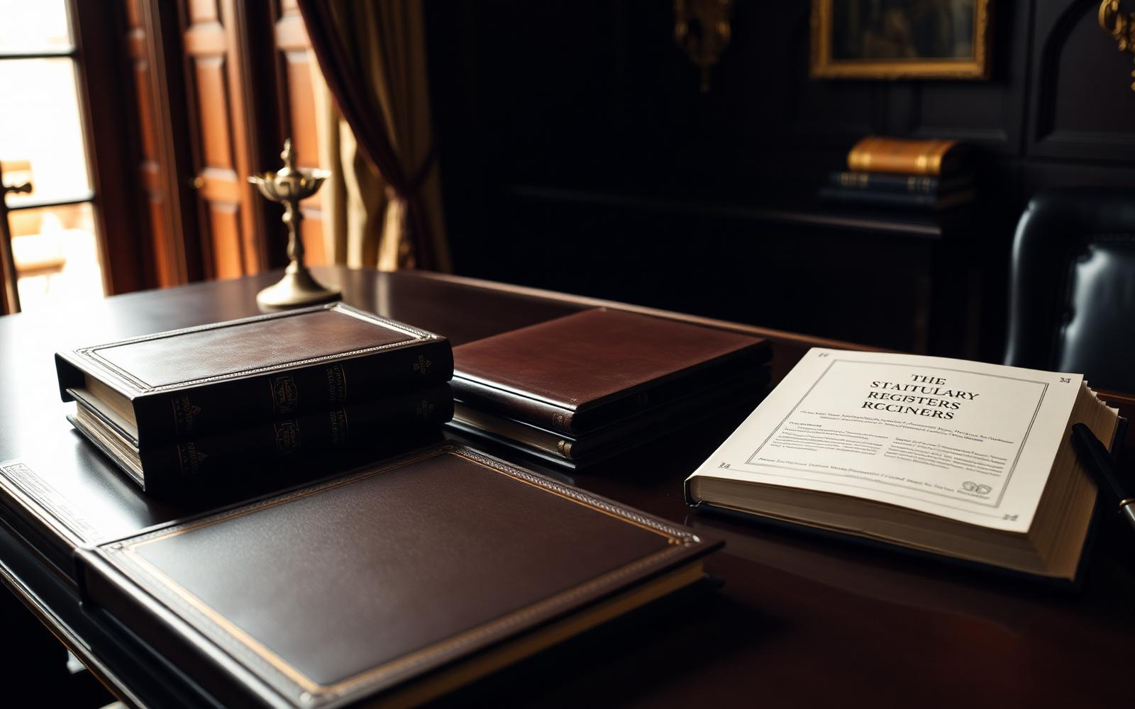 Boardroom table with a bound minute book and statutory registers laid out for review